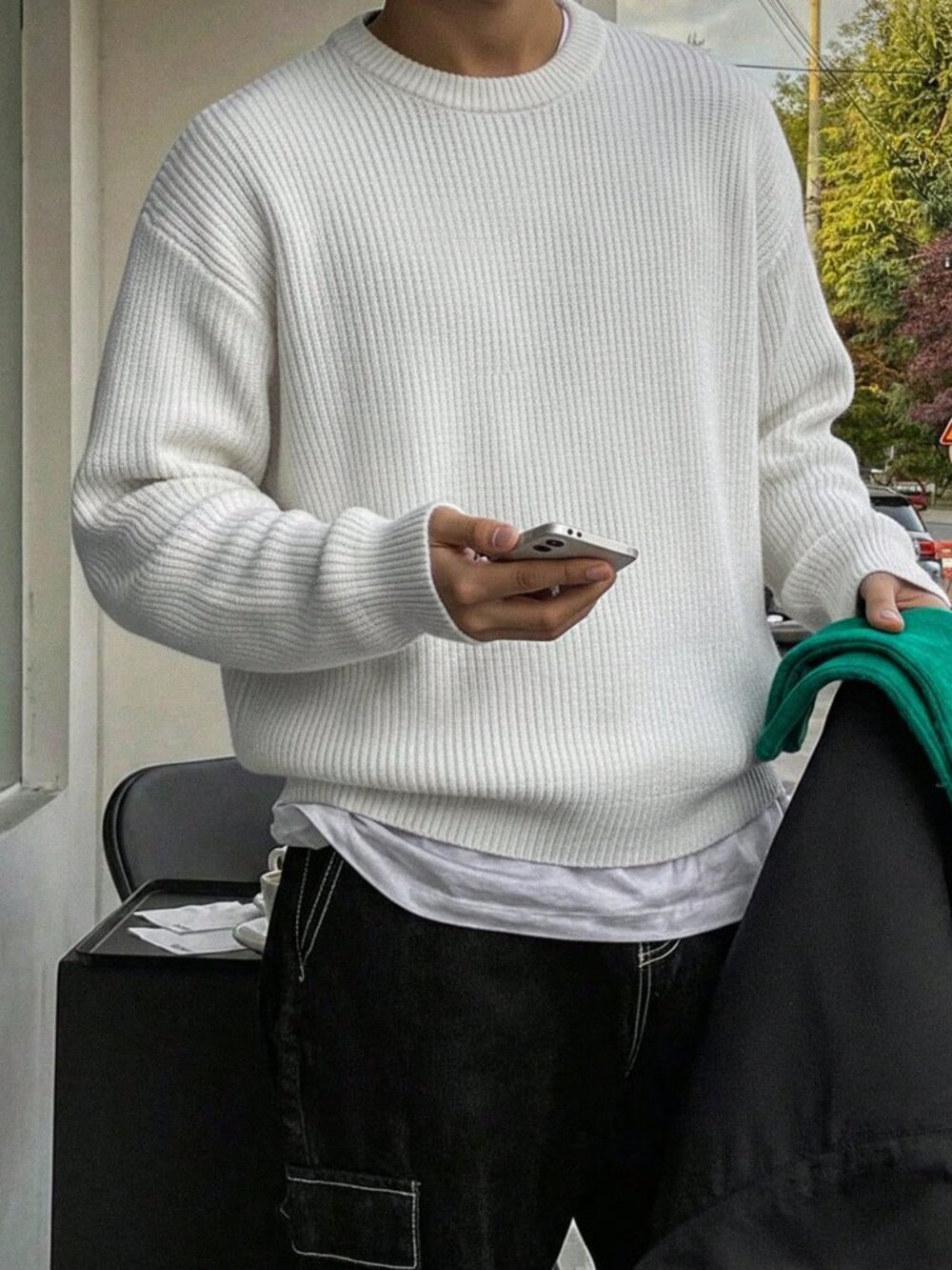 White Casual Men's Long Sleeve Crewneck Pullover Sweater